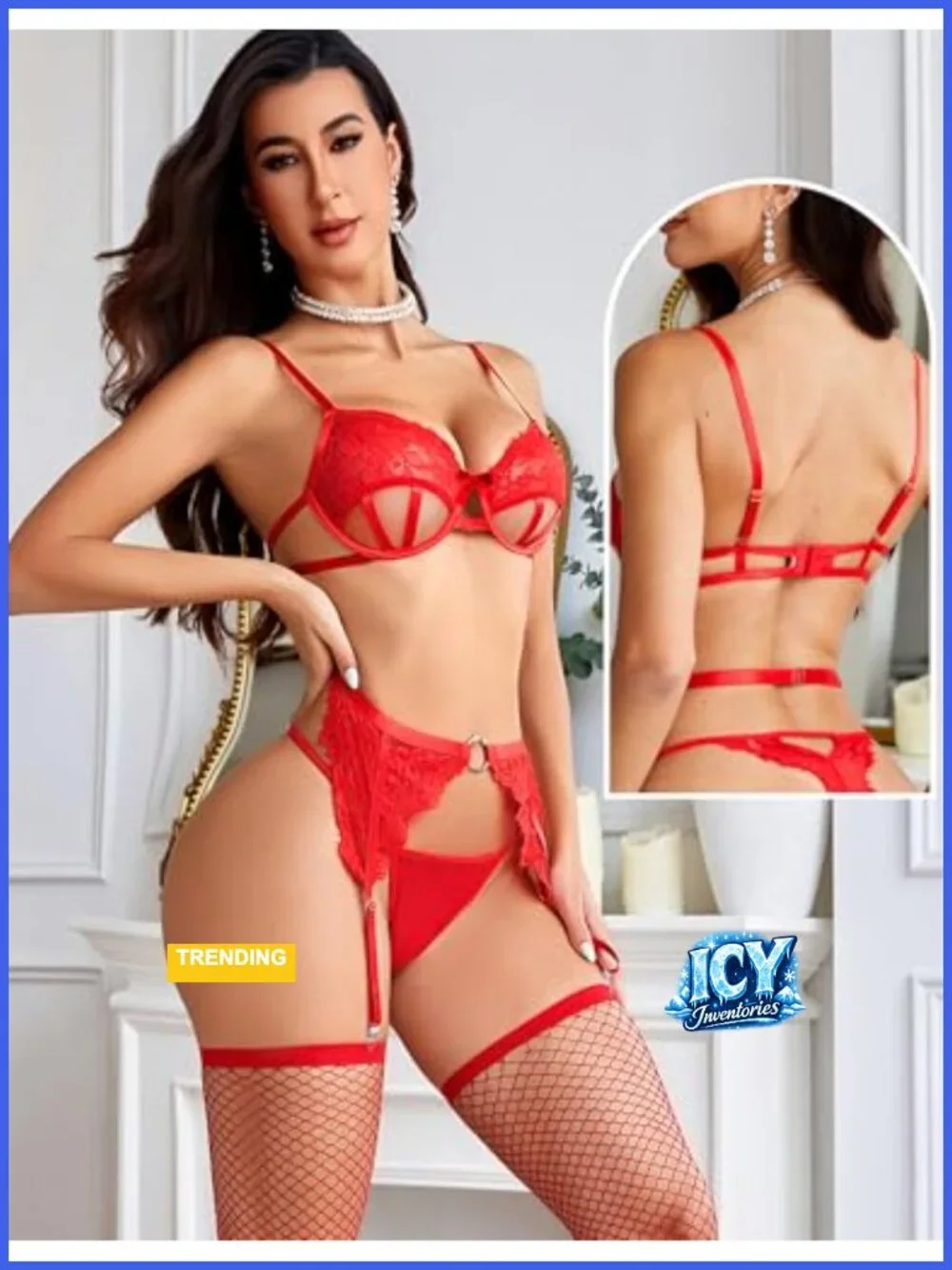 Sexy Underwire Lace Lingerie Set for Women 4 Piece with Garter and Fishnet